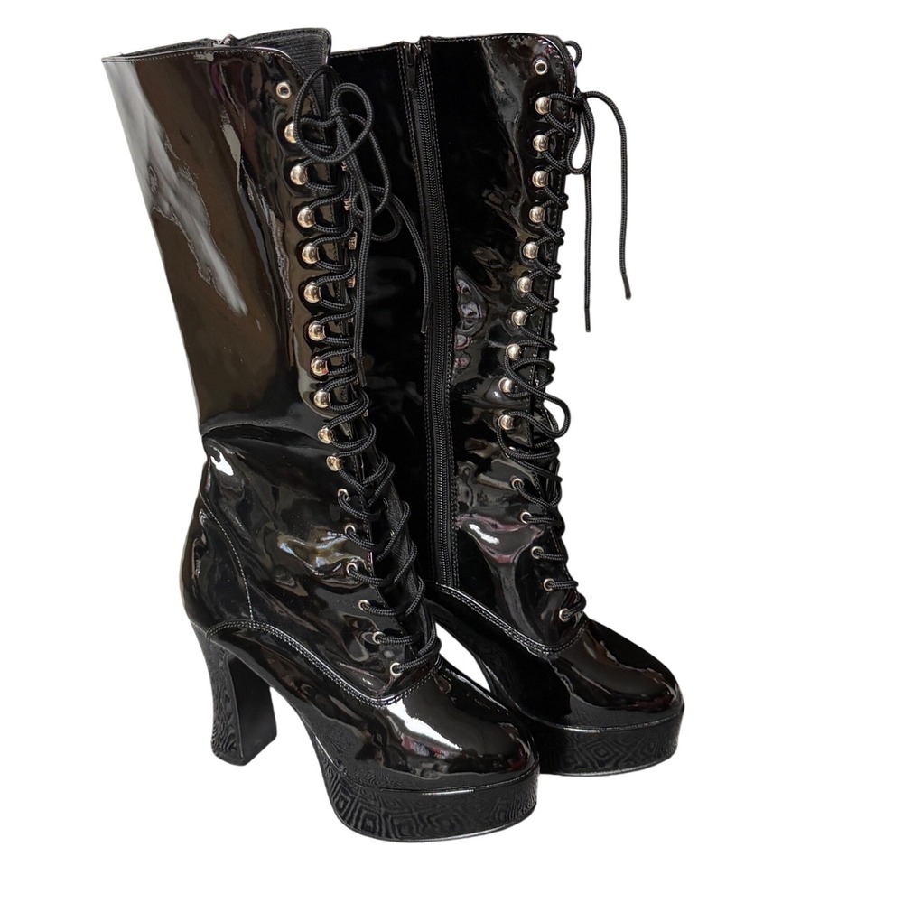 Funtasma Black Patent Platform Lace Up Gogo Boots Women 8 Goth Retro NWOT